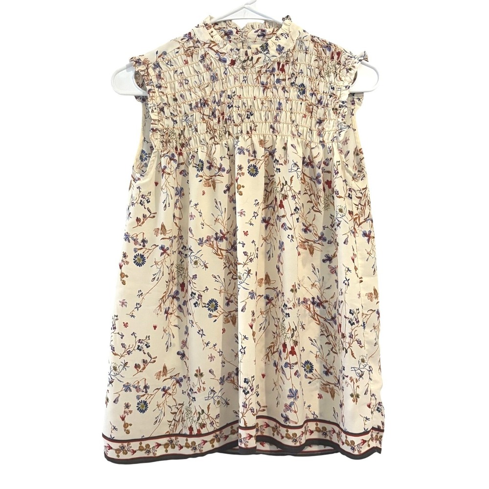 Max Studio Floral Smocked High Neck Sleeveless Blouse Cream Multi XS